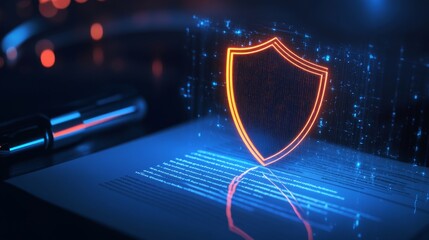 Securing your future glowing shield icon next to insurance policy document digital environment conceptual visualization
