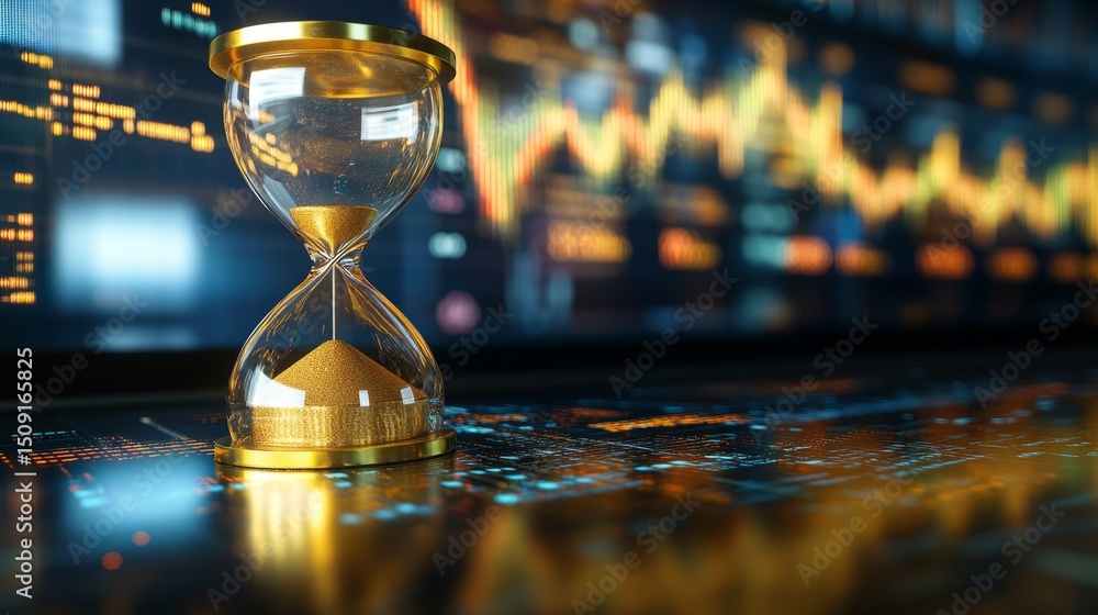 Poster analyzing economic data trends using a symbolic golden hourglass data visualization digital environm