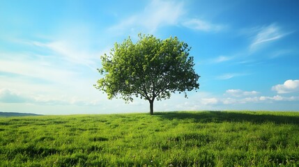 Fototapeta premium Lone tree on a grassy hill under a clear blue sky.