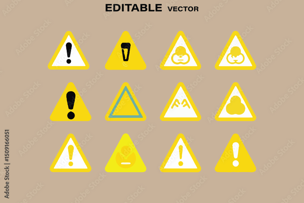 Poster collection of yellow warning and hazard sign icons in triangle shape editable vector format for easy
