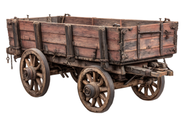 Antique wooden cart with wooden wheels and metal accents, isolated on a clean transparent background