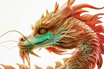 Fototapeta premium A fierce and detailed close up of a golden dragon with sharp teeth and flowing whiskers. The intricately designed scales and vibrant orange hues.