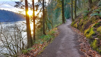 Fototapeta premium Sunlight streaming through trees along a serene forest trail in nature s tranquil embrace