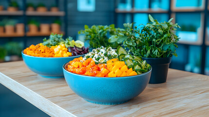 Two Vibrant Poke Bowls with Salmon and Mango on Wooden Table