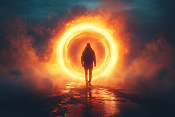 A time traveler stepping out of a glowing portal silhouette