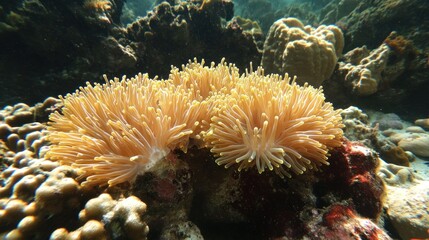 Obraz premium Close-up of a cluster of sea anemones on a coral reef.
