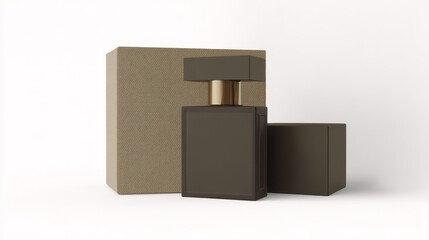 Elegant brown perfume bottle with packaging on white background.