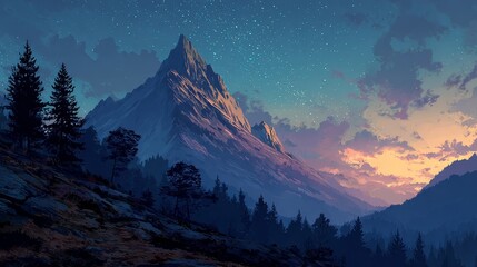 Majestic mountain peak under starry twilight sky with glowing sunset horizon.