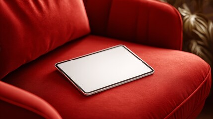 Digital tablet with blank screen resting on red velvet armchair cushion in soft light.