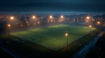 Illuminated soccer field at night surrounded by city lights and buildings.