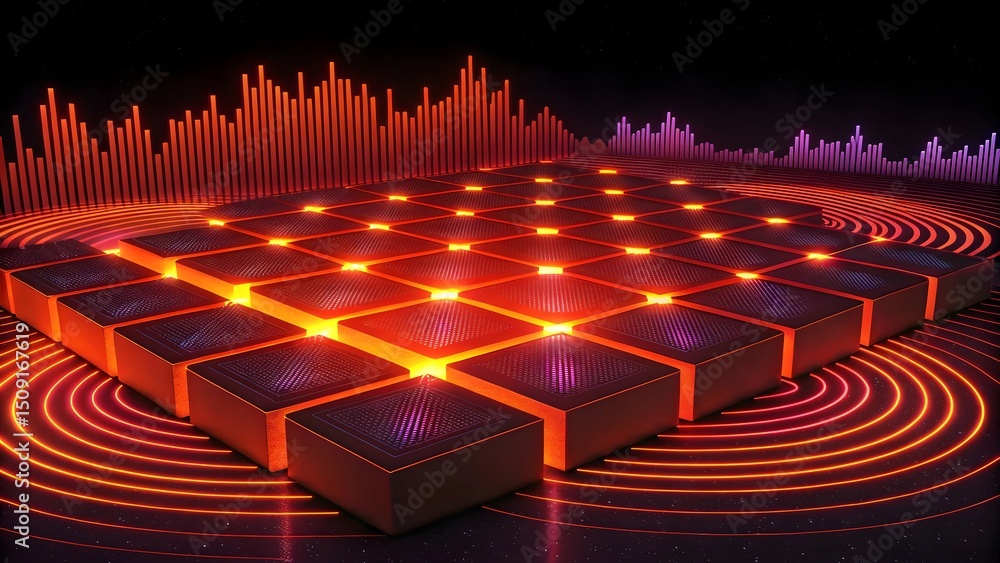 Poster abstract glowing cubes arranged in a grid with audio waveform and concentric circles design element