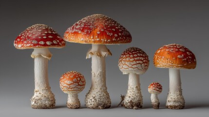 Group of red fly agaric mushrooms arranged by size on neutral background.