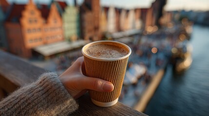 Hand holding coffee cup with cityscape and canal in background at sunset.