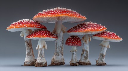 Cluster of red Amanita mushrooms with white spots on neutral background.