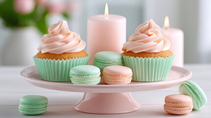 Delicate Pastel Dessert Table with Cupcakes, Macarons, and Candles in Bright Natural Light