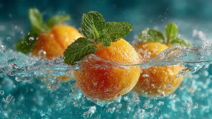 Fresh oranges with mint splashing in water on vibrant blue background.