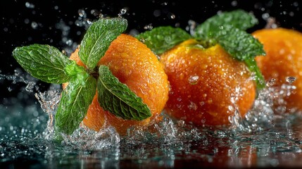 Fresh oranges with mint leaves splashing in water on black background.