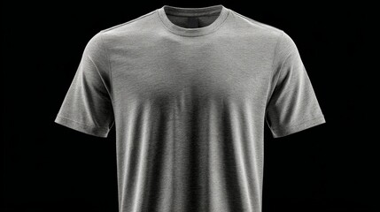 Grey cotton t-shirt front view on black background with realistic texture.