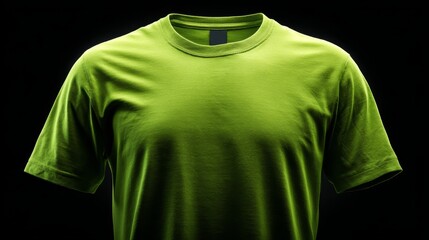 Bright green cotton t-shirt showcased on black background with dramatic lighting.