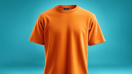 Plain orange t-shirt on display against a blue background with front view perspective.