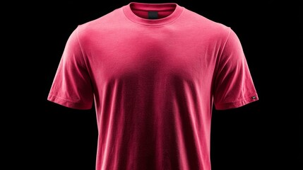 Plain red cotton t-shirt front view on black background with realistic lighting.
