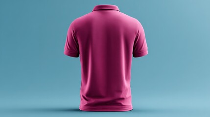 Back view of magenta polo shirt displayed on plain blue background.