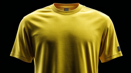 Yellow cotton T-shirt with realistic lighting on black background.