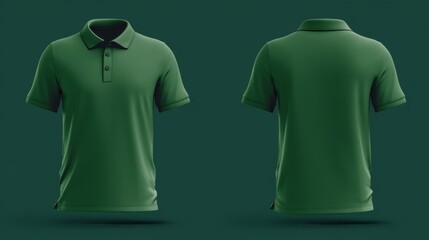 Green polo t-shirt front and back view isolated on dark green background.