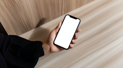 Hand holding smartphone with blank screen on wooden surface background.