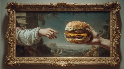 Classic oil painting with humorous twist of a hand offering a cheeseburger.