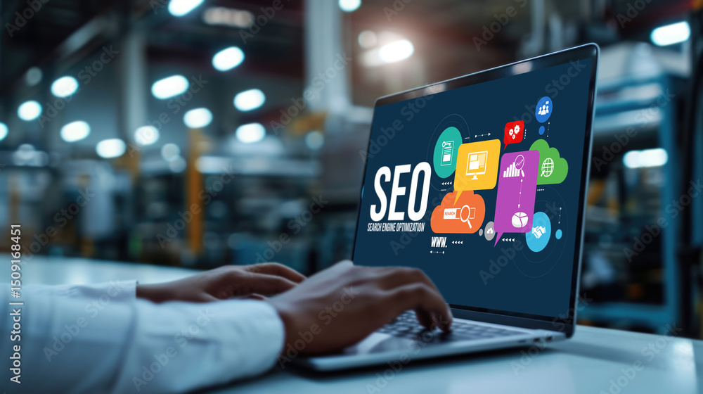 Poster seo search engine optimization for brisk e-commerce and online retail business showing on computer s