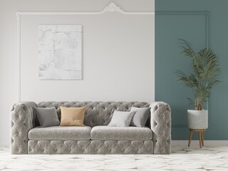 Mock up of a bright spacious living room with an original comfortable sofa and a stylish decorative background, 3D rendering.