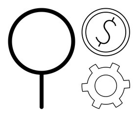 Magnifying glass, dollar coin, and gear as symbols of research, finance, and processes. Ideal for business strategy, problem-solving, decision-making, financial planning efficiency research simple