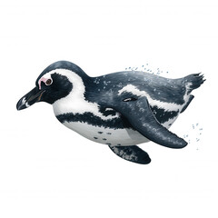 Diving penguin swimming gracefully through water, showcasing its unique black and white feathers. This marine bird represents biodiversity and beauty of aquatic life