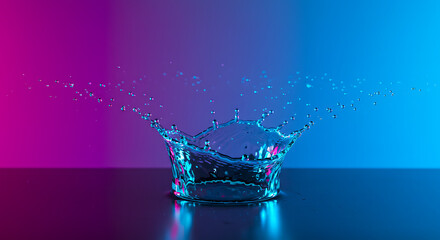 Vibrant Blue and Purple Water Splash Crown Liquid Droplets Neon Background