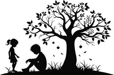 Vector illustration of a child and sitting under a tree  environmental conservation, black and white nature theme