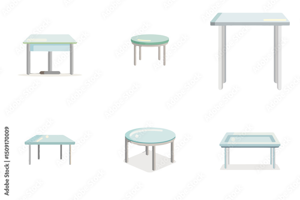 Poster modern isometric tables with glass tops on transparent background. a set of four tables with differe