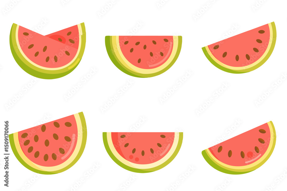 Poster vibrant animated watermelon slice vector on neutral gray background. a set of four slices of waterme