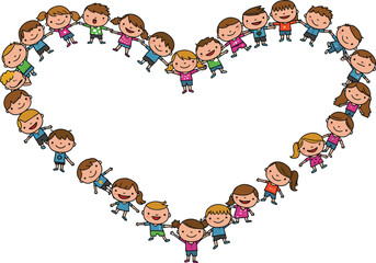 手描きイラスト　ハートのフレームと子供達