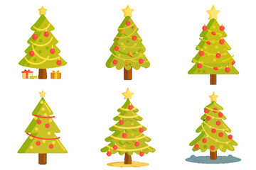 Stylized Christmas Trees in Vibrant Colors Against Deep Blue Background. A set of four stylized Christmas trees decorated with lights and ornaments.