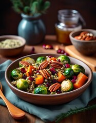Winterbowl mit Rosenkohl, Süßkartoffel und Pekannüssen