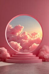 Fototapeta premium Pink podium amidst fluffy pink clouds and soft sunset glow