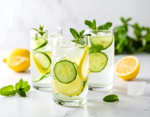 Fototapeta premium Three glasses of refreshing cucumber and lemon water with ice and mint