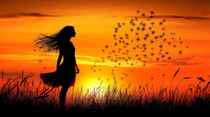 Silhouette of Dandelion Seeds Dispersing at Sunset background