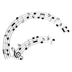 Music notes on rounded lines, musical set, vector illustration.
