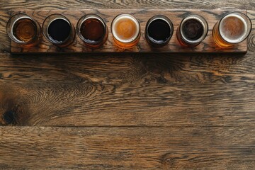 Seven assorted craft beer glasses arranged in a wooden holder on a richly grained wood table, top view, ideal for brewery promotions, drink menus, pub ads, and tasting events