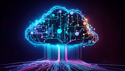 Stunning abstract visualization of cloud computing. A glowing blue cloud, composed of data streams, hovers over a complex digital network, representing data transfer and storage.