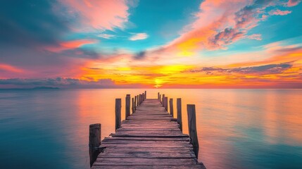 Obraz premium A tranquil wooden pier extends into a serene ocean at sunset.