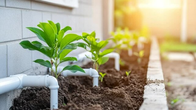 Plant growth in garden soil with water irrigation system sunlight