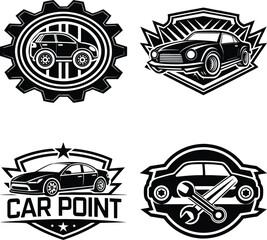 Obraz premium Sports car logo icon set. Motor vehicle silhouette emblems. Auto garage dealership brand identity design elements. Vector illustrations.. Passenger Cars Set